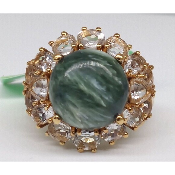 Karis Green Seraphinite Gemstone Ring Size 7 Gold Tone G&B Made In India NWT - Picture 1 of 14